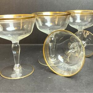 4 Vtg Hollywood Regency Gold Rimmed Optic Coupe Champagne Cocktail Glasses Set